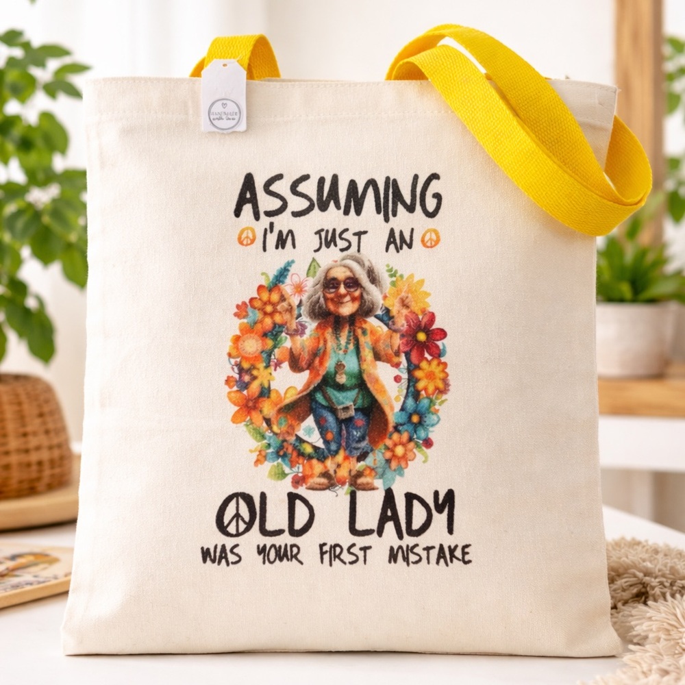 Handmade Double-Sided Statement Tote Bag | 14” x 12” | Retro Hippie Design